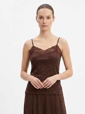 Vintage Self Esteem Tank Brown Y2K Lace Sequins Casual Festival XL